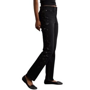 NWT AE Black Embroidered Bat Stretch Super High Waisted Straight Jean | 0R
